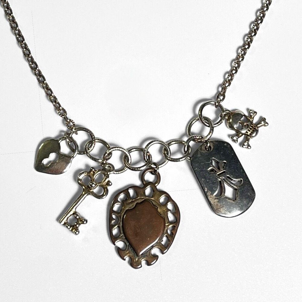 VTG Chain Necklace Mix Metal Charm Skull Lock Heart Fleur de Lis Dog Tag 30.5"